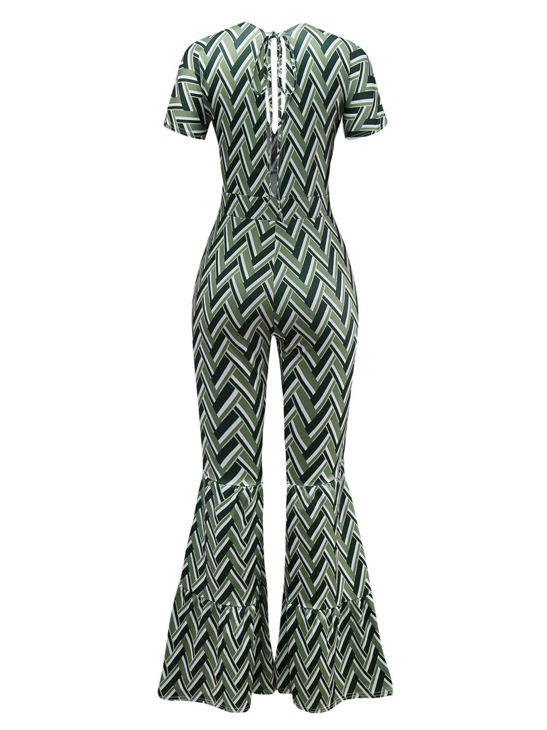 Green 1970s Boho Deep V-Neck Flare Leg Jumpsuit - vintage jumpsuit, retro fashion