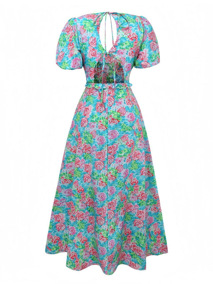 Green 1970s Boho Floral V-Neck Dress - vintage dress, retro fashion