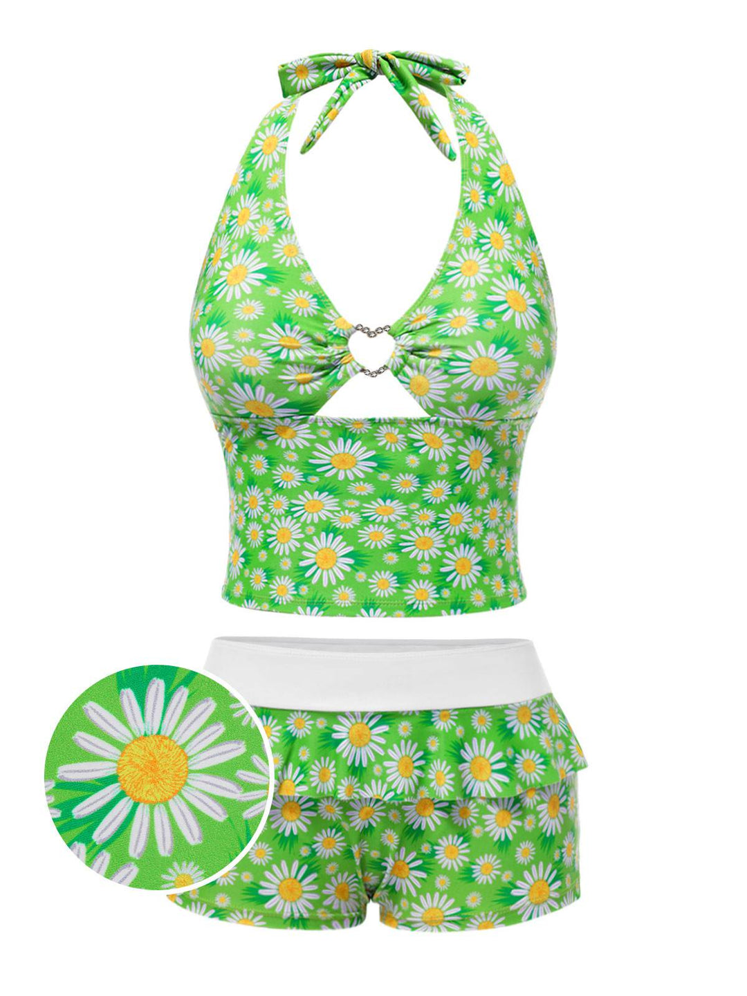 Green Daisy Ruffled Halter Tankini Set - vintage fashion, retro style