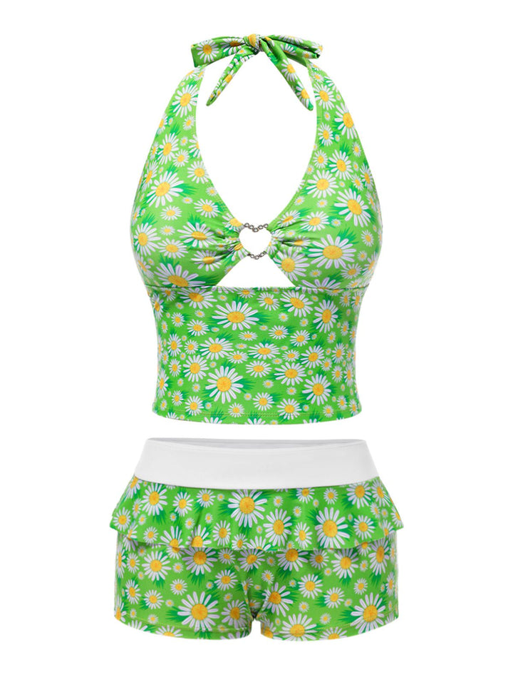 Green Daisy Ruffled Halter Tankini Set - vintage fashion, retro style