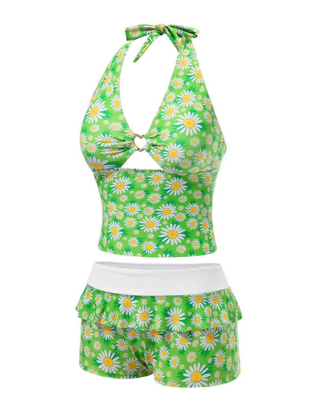 Green Daisy Ruffled Halter Tankini Set - vintage fashion, retro style