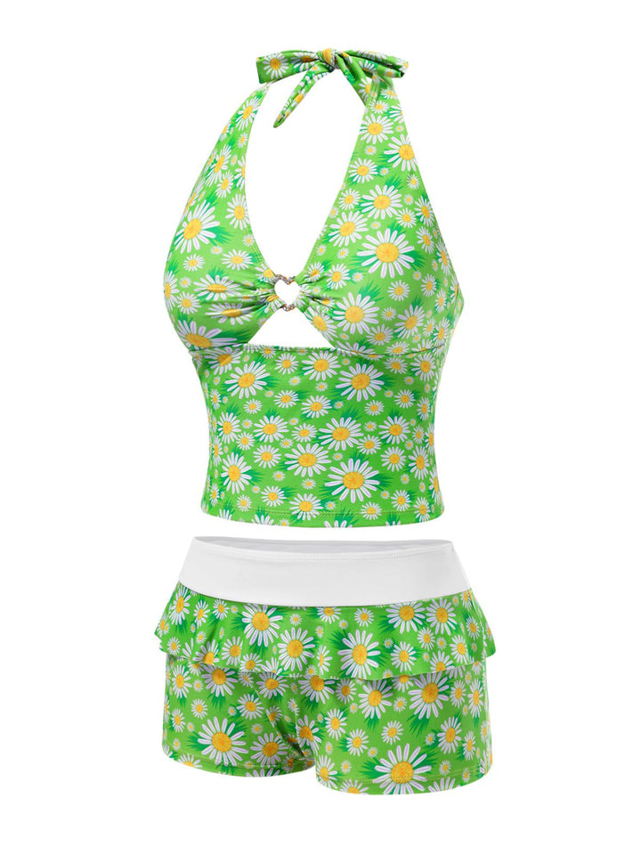 Green Daisy Ruffled Halter Tankini Set - vintage fashion, retro style