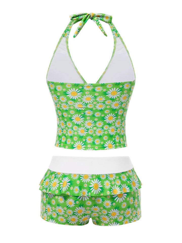 Green Daisy Ruffled Halter Tankini Set - vintage fashion, retro style