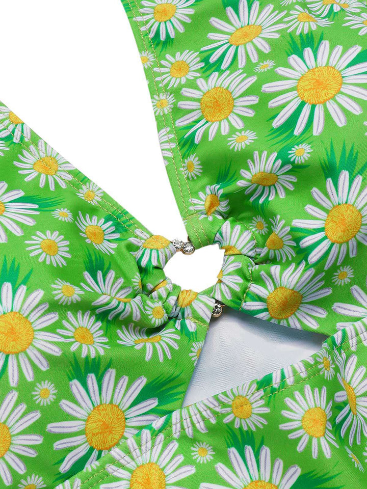 Green Daisy Ruffled Halter Tankini Set - vintage fashion, retro style