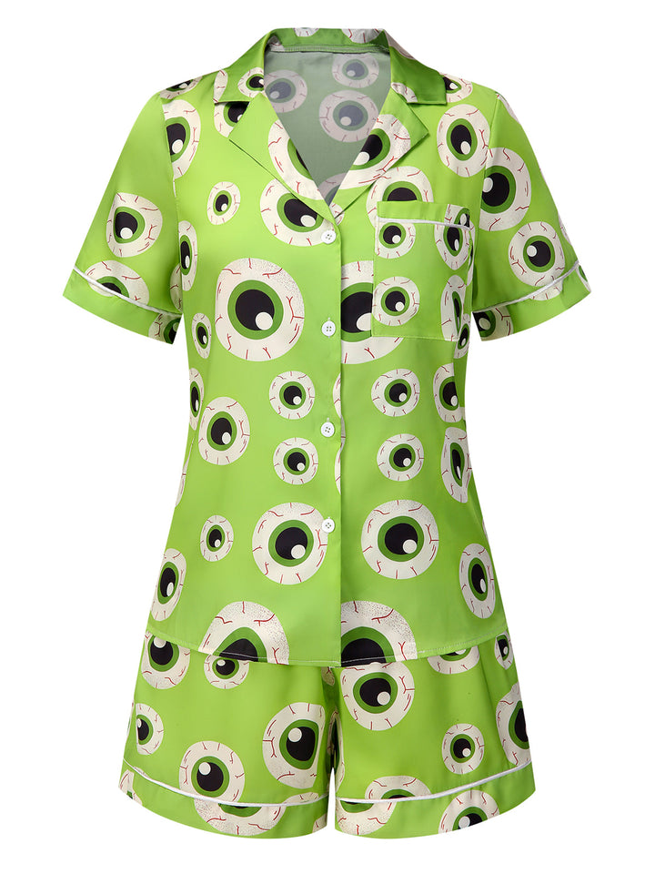 Green 1970s Halloween Eyeball Lapel Pajama Set, vintage fashion, retro style - perfect for women who love vintage and retro fashion