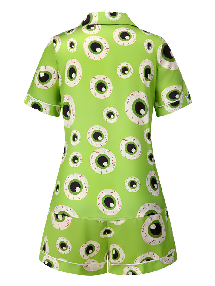 Green 1970s Halloween Eyeball Lapel Pajama Set, vintage fashion, retro style - perfect for women who love vintage and retro fashion