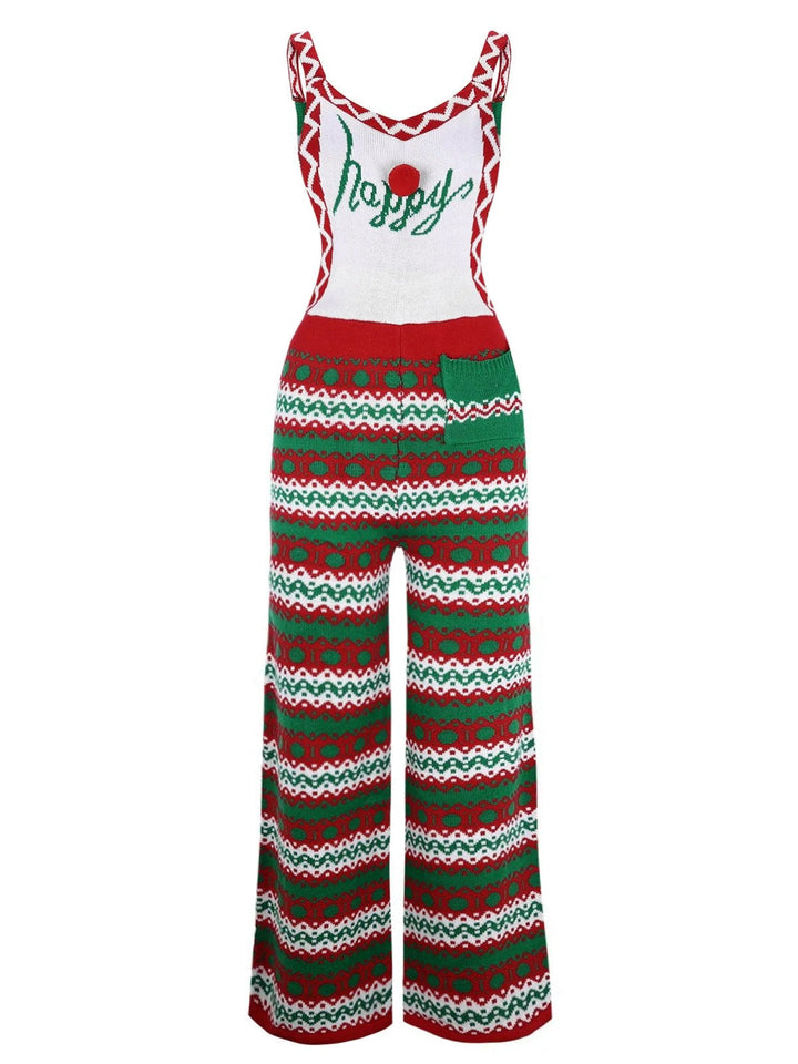 She finds her 1970s story in this Green 1970s Happy Christmas Straps Knitted Jumpsuit