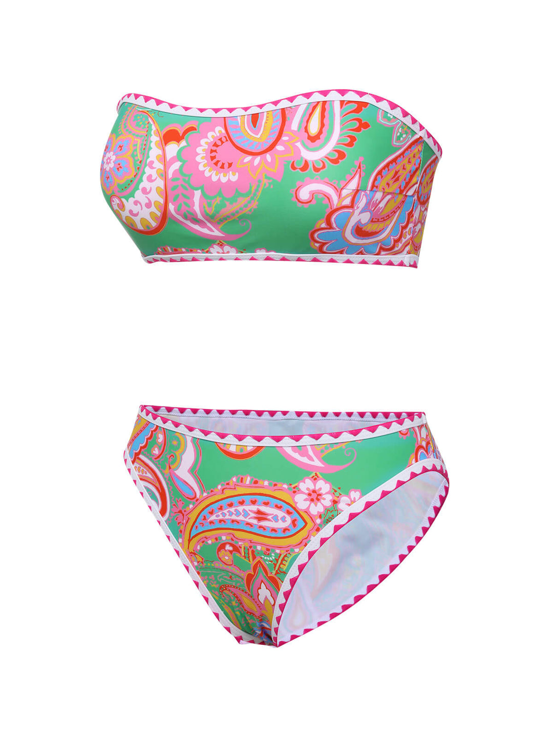 Green 1970s Hippie Print Bandeau Bikini: 1970s Riviera elegance, reimagined for her