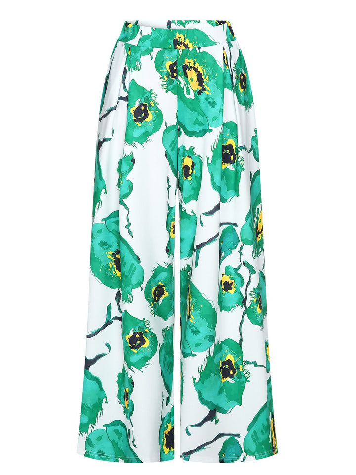 Green 1970s Oil Painting Floral Wide-Leg Pants, vintage fashion, retro style - perfect for women who love vintage and retro fashion
