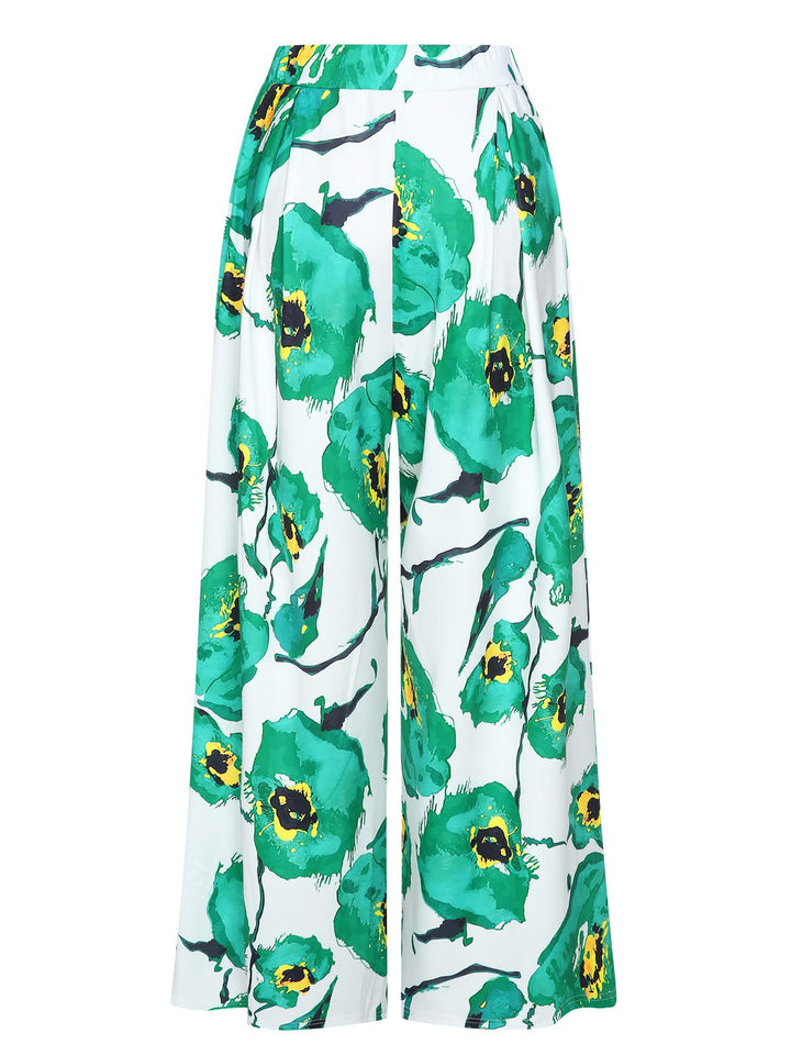 Green 1970s Oil Painting Floral Wide-Leg Pants, vintage fashion, retro style - perfect for women who love vintage and retro fashion