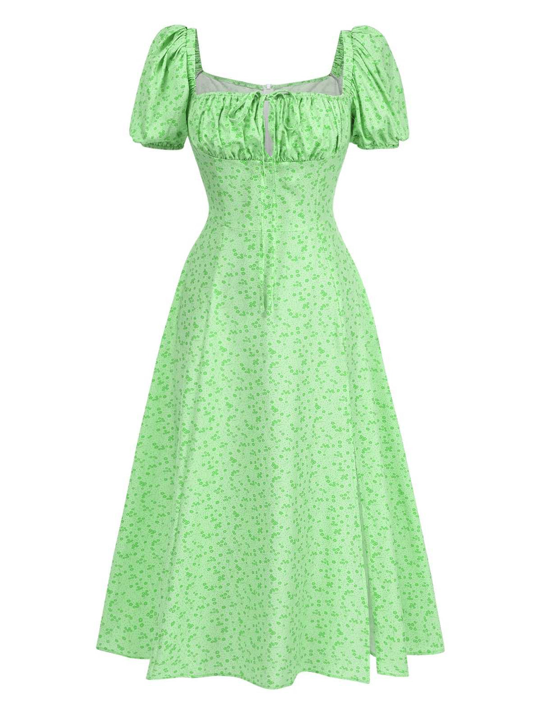 She slips into this Green 1970s Puff Sleeve Ditsy Floral Slit Dress and suddenly it&