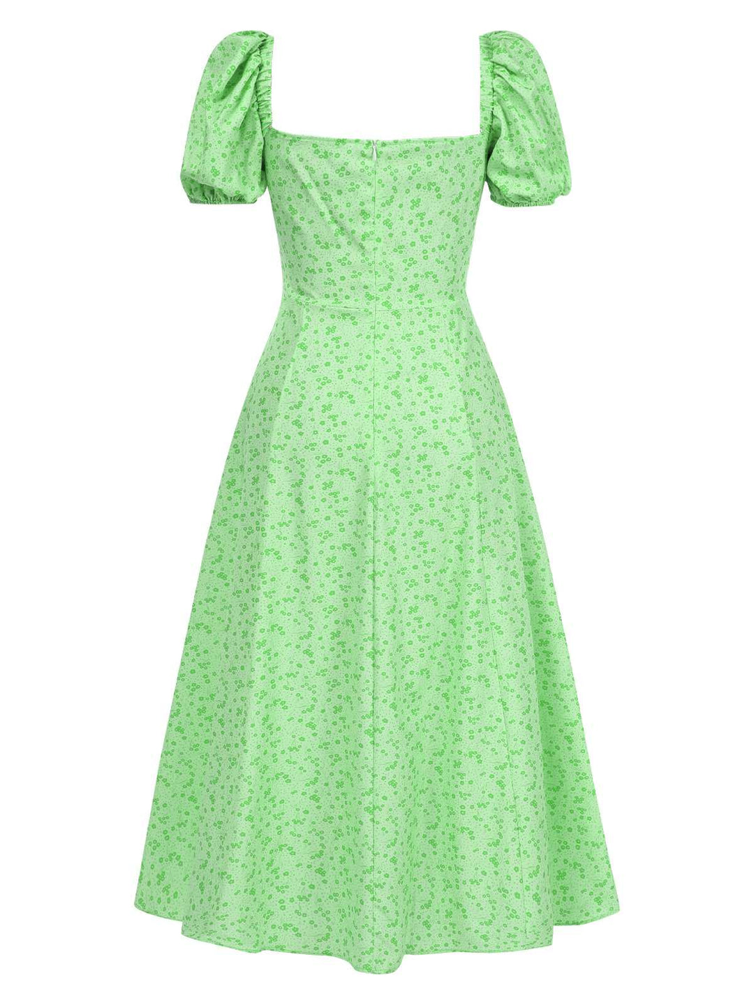 Green 1970s Puff Sleeve Ditsy Floral Slit Dress: where 1970s romance meets her modern spirit