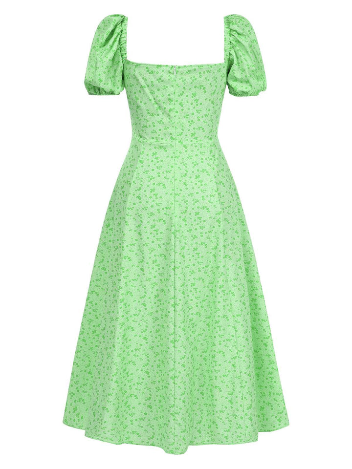 Green 1970s Puff Sleeve Ditsy Floral Slit Dress: where 1970s romance meets her modern spirit