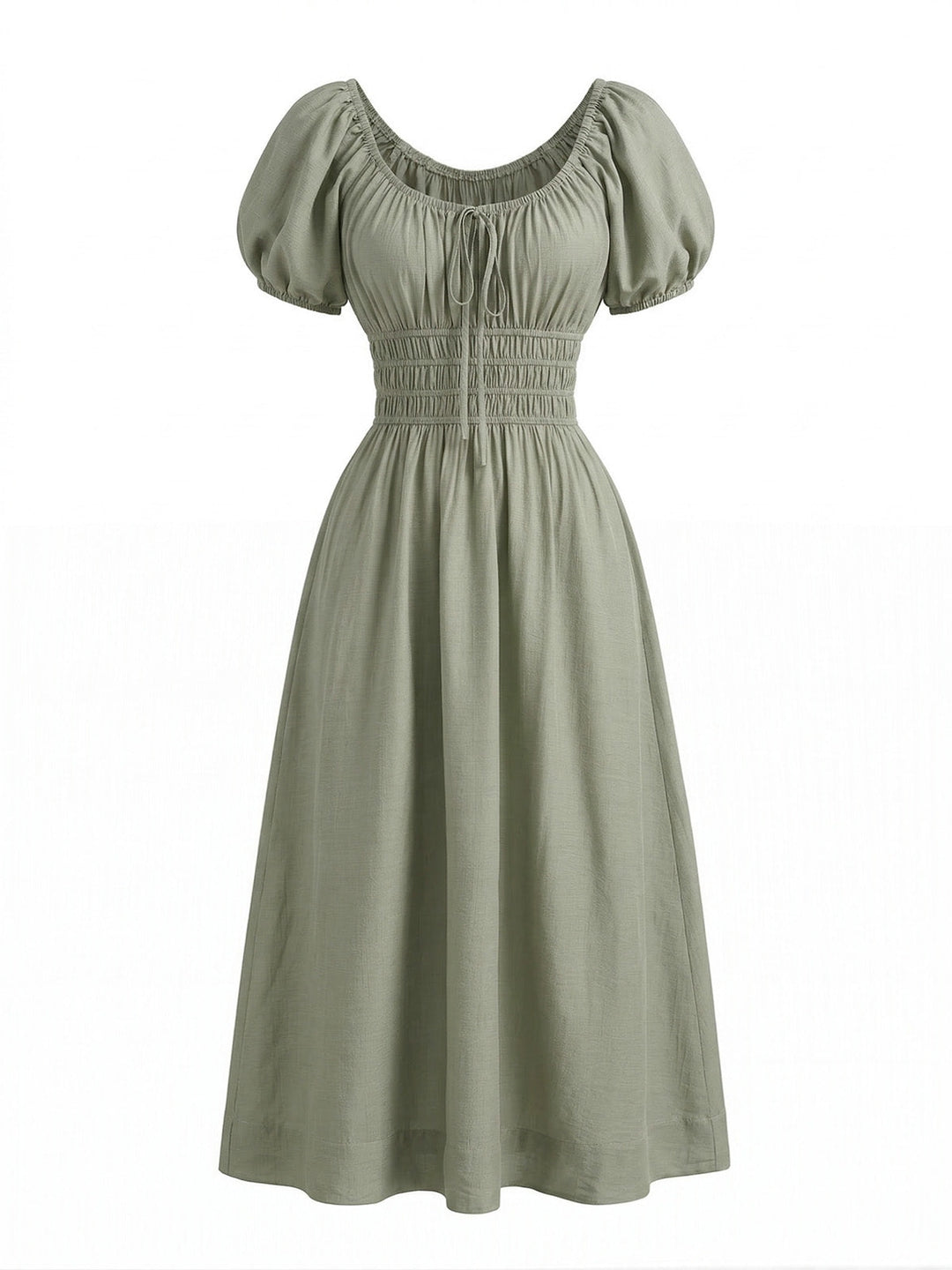 Green 1970s Square Neck Puff Sleeve Boho Dress - vintage dress, retro fashion for vintage lovers
