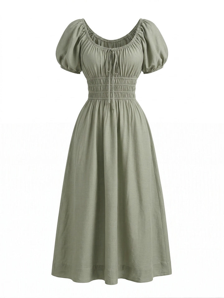 Green 1970s Square Neck Puff Sleeve Boho Dress - vintage dress, retro fashion for vintage lovers