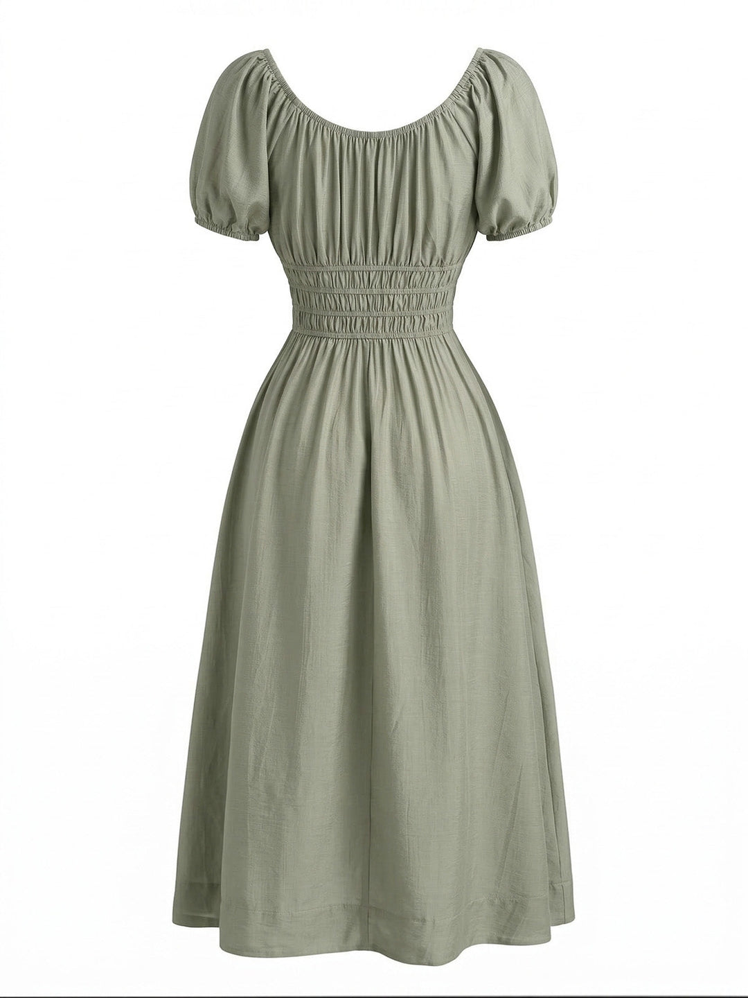 Green 1970s Square Neck Puff Sleeve Boho Dress - vintage dress, retro fashion for vintage lovers