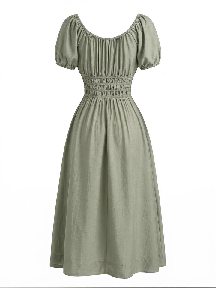 Green 1970s Square Neck Puff Sleeve Boho Dress - vintage dress, retro fashion for vintage lovers