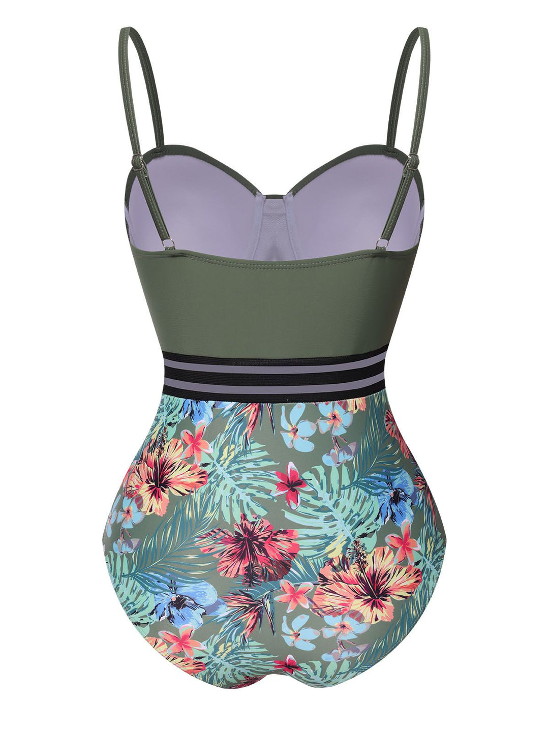 Green 1970s Tropical Patchwork Strap Swimsuit, vintage swimsuit, pin-up swimwear - perfect for women who love vintage and retro fashion
