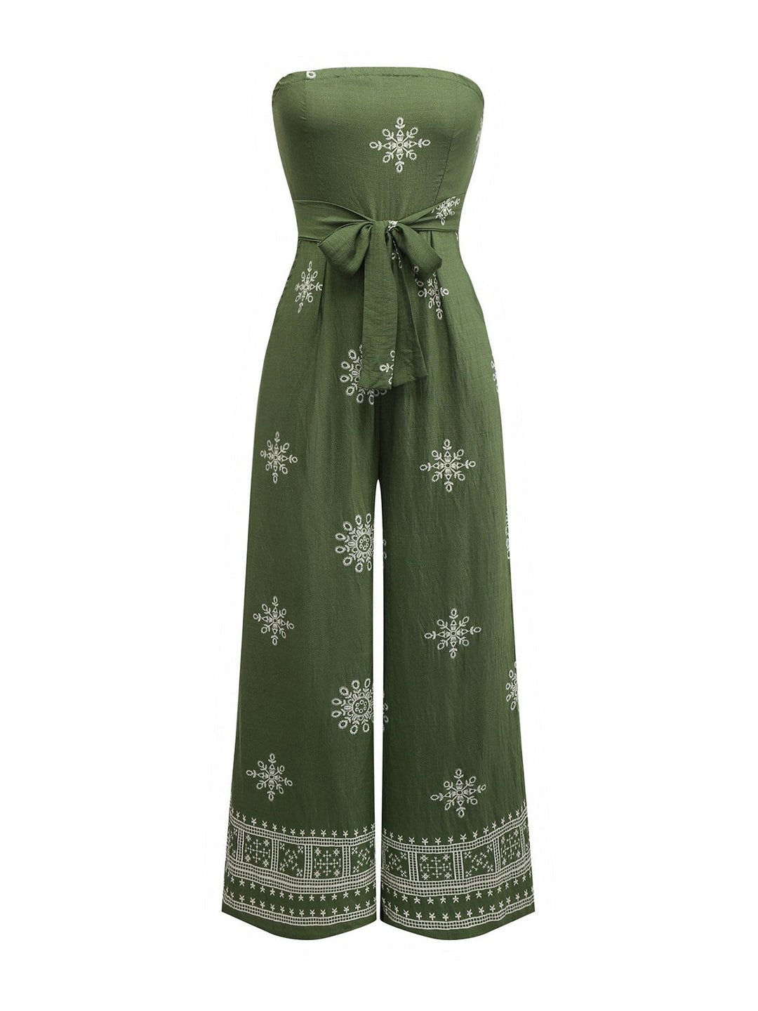 She finds her 1970s story in this Green 1970s Wide-Legs Bohemian Bandeau Jumpsuit