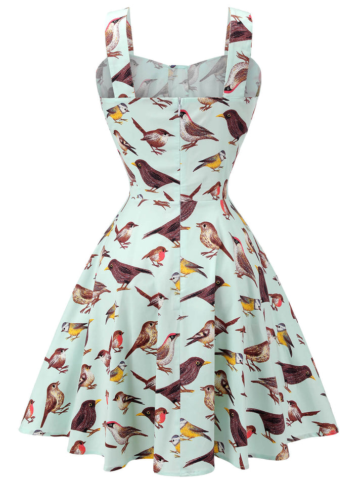 Green 1980s Bird Square Collar Sleeveless Dress — vintage elegance for the modern woman