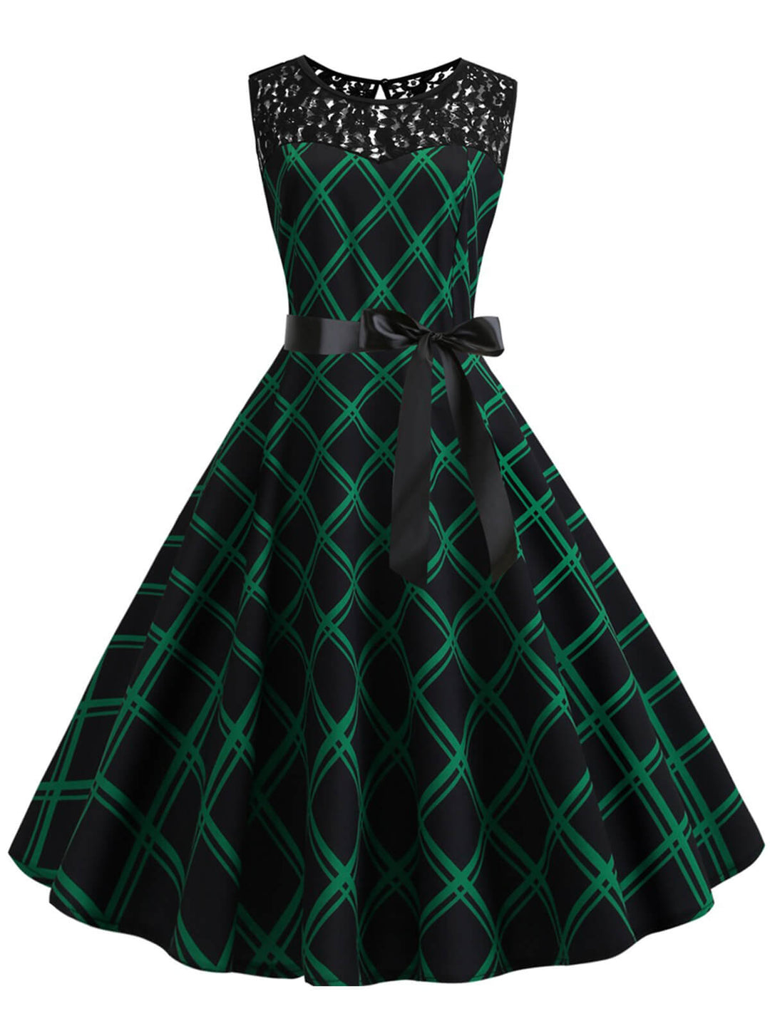 She slips into this Green &amp; Black 1950s Plaid Lace Patchwork Dress and suddenly it&