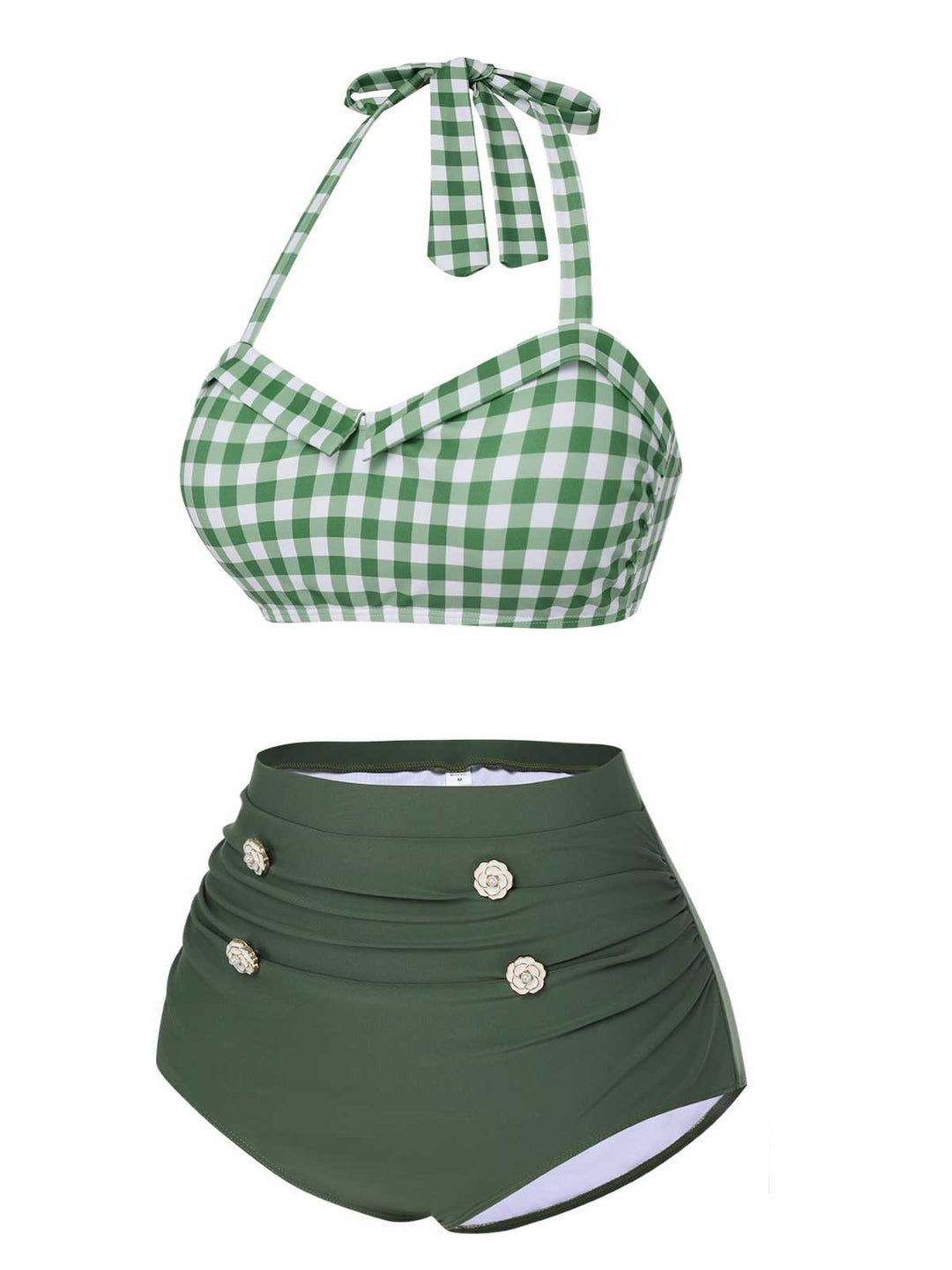 This Green Gray 1940s Halter Plaids Swimsuit carries 1940s vacation dreams in every stitch