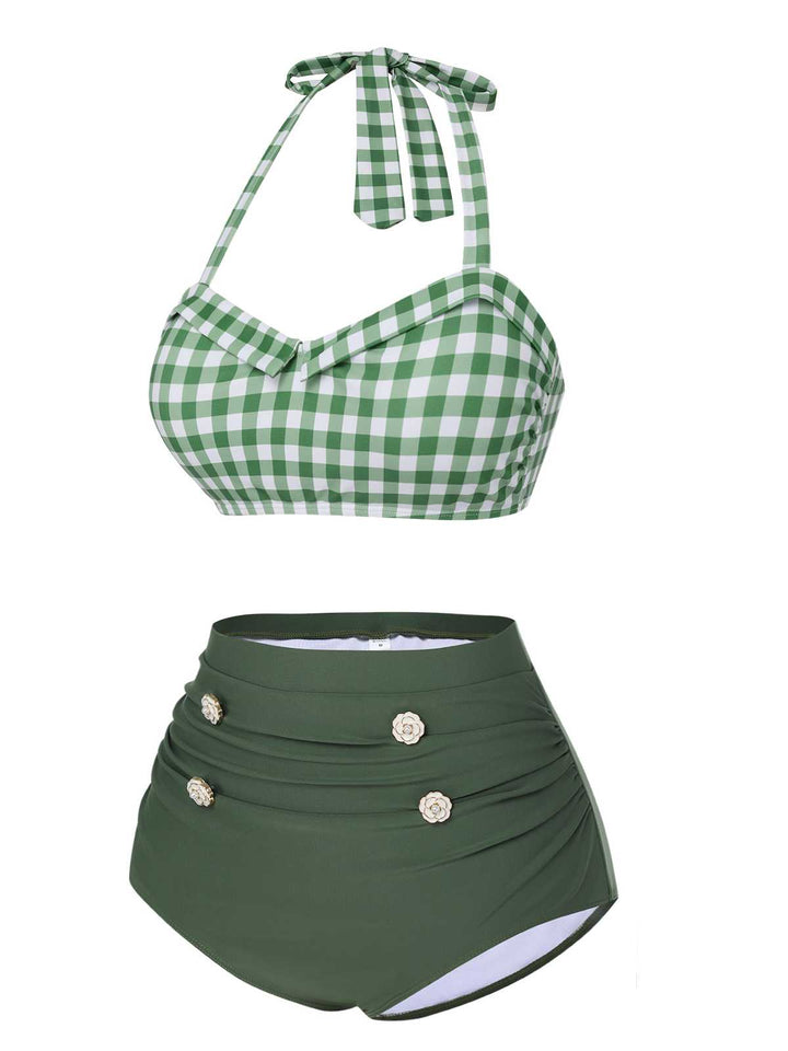 This Green Gray 1940s Halter Plaids Swimsuit carries 1940s vacation dreams in every stitch