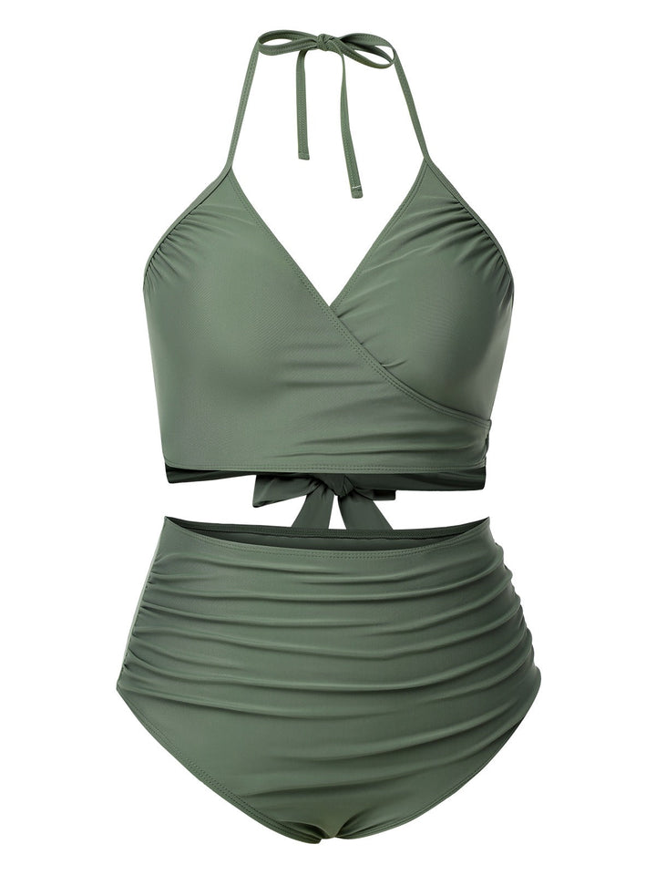 Green Grey Halter Strappy Tankini Swimsuit: Riviera elegance, reimagined for her