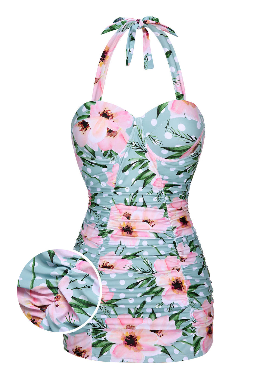 Green &amp; Pink 1930s Floral Polka Dot Halter Swimsuit, vintage swimsuit, pin-up swimwear - perfect for women who love vintage and retro fashion