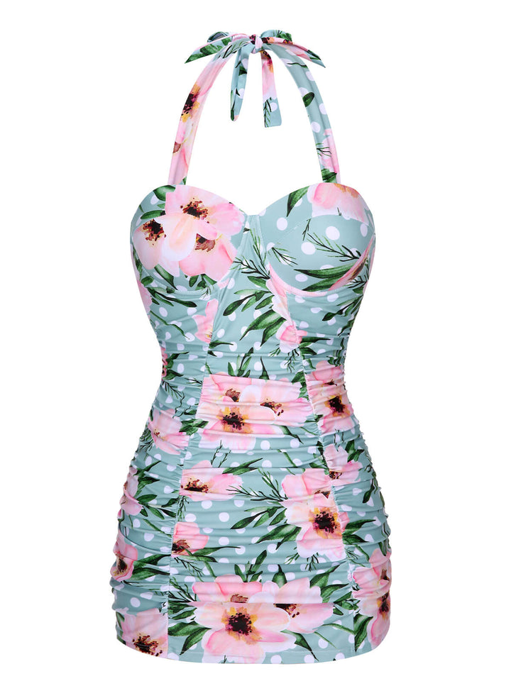 Green &amp; Pink 1930s Floral Polka Dot Halter Swimsuit, vintage swimsuit, pin-up swimwear - perfect for women who love vintage and retro fashion