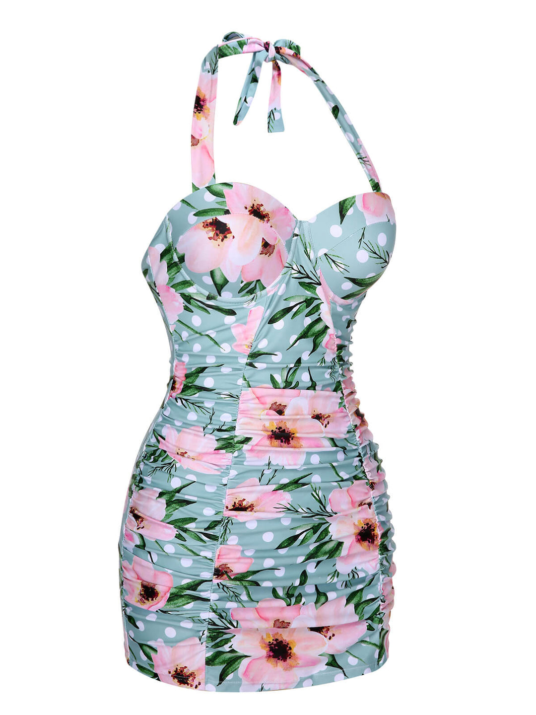 Green &amp; Pink 1930s Floral Polka Dot Halter Swimsuit, vintage swimsuit, pin-up swimwear - perfect for women who love vintage and retro fashion