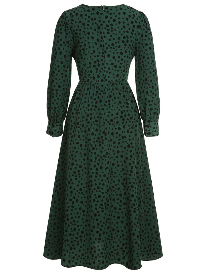 Green V-Neck Leopard A-Line Dress — vintage elegance for the modern woman