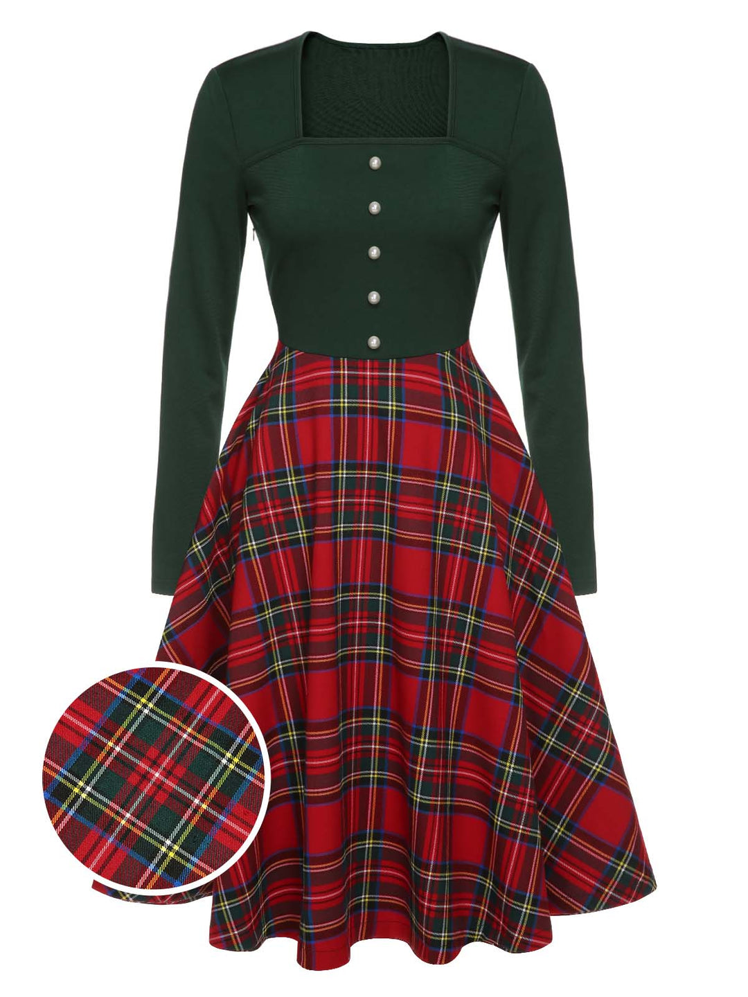 Green&amp;Red 1950s Square Neck Plaids Long Sleeve Dress, vintage dress, retro fashion, rockabilly, pin-up fashion - perfect for women who love vintage and retro fashion