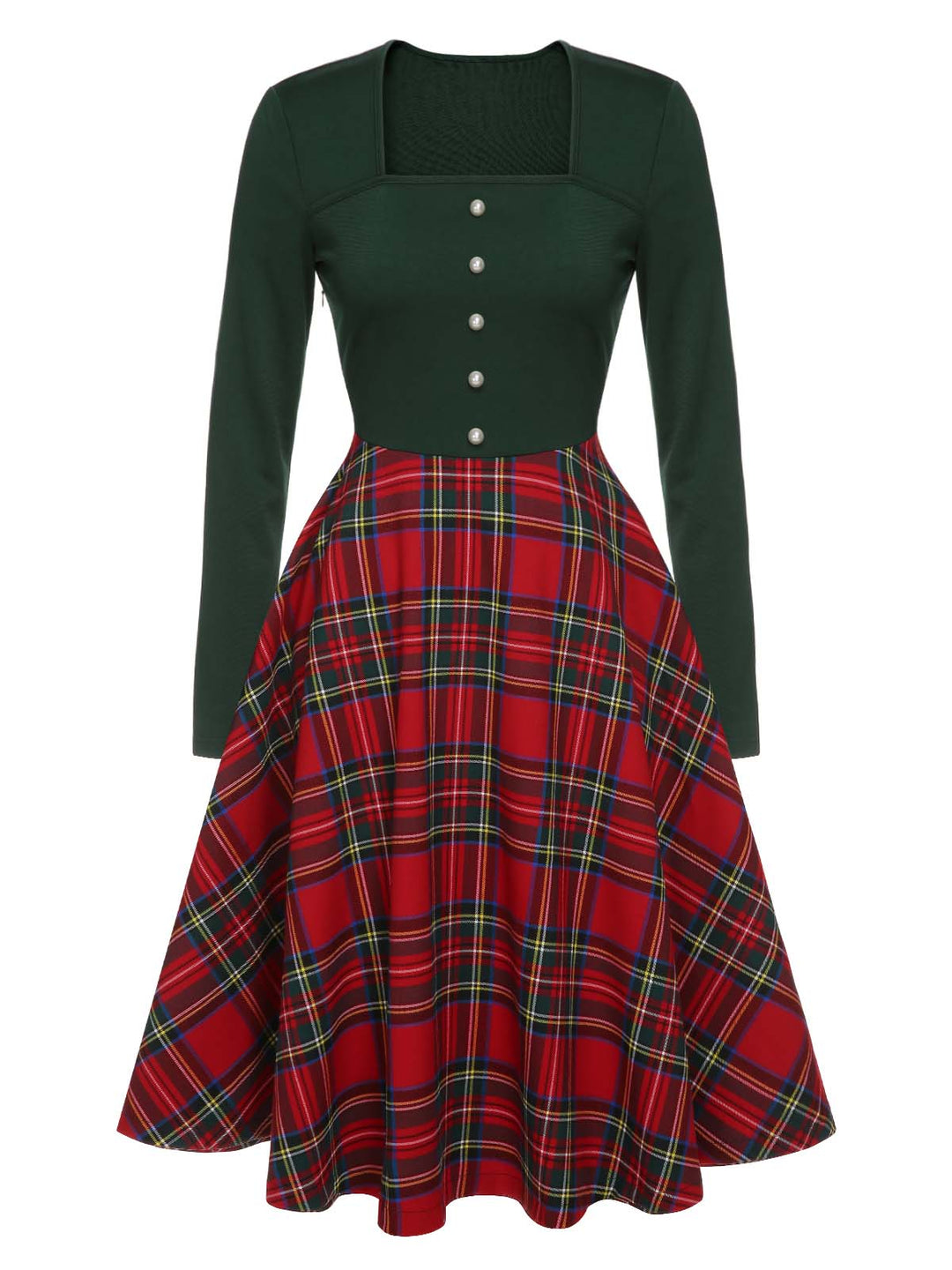 Green&amp;Red 1950s Square Neck Plaids Long Sleeve Dress, vintage dress, retro fashion, rockabilly, pin-up fashion - perfect for women who love vintage and retro fashion
