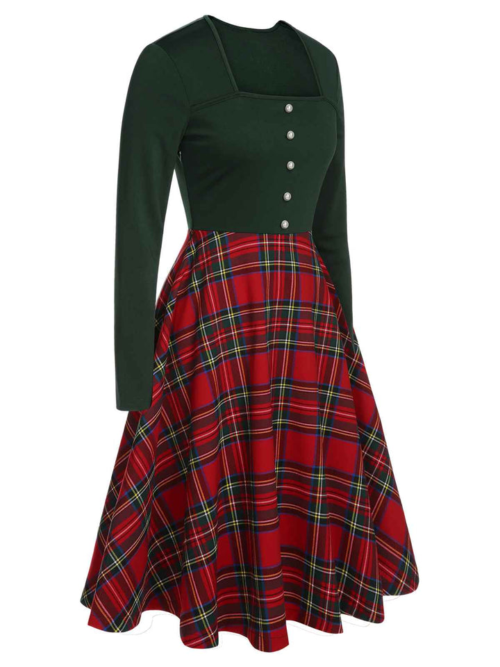 Green&amp;Red 1950s Square Neck Plaids Long Sleeve Dress: timeless style reimagined