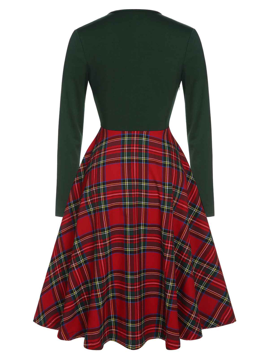 Green&amp;Red 1950s Square Neck Plaids Long Sleeve Dress — vintage elegance for the modern woman