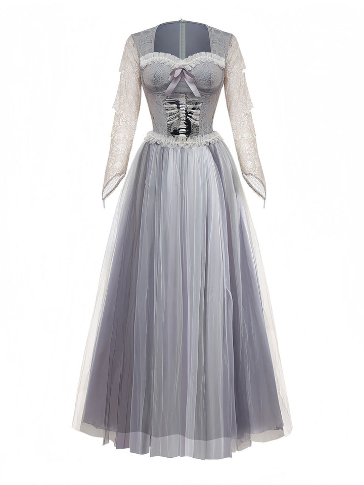 Grey 1930s Halloween Ghost Bride Mesh Dress - vintage dress, retro fashion