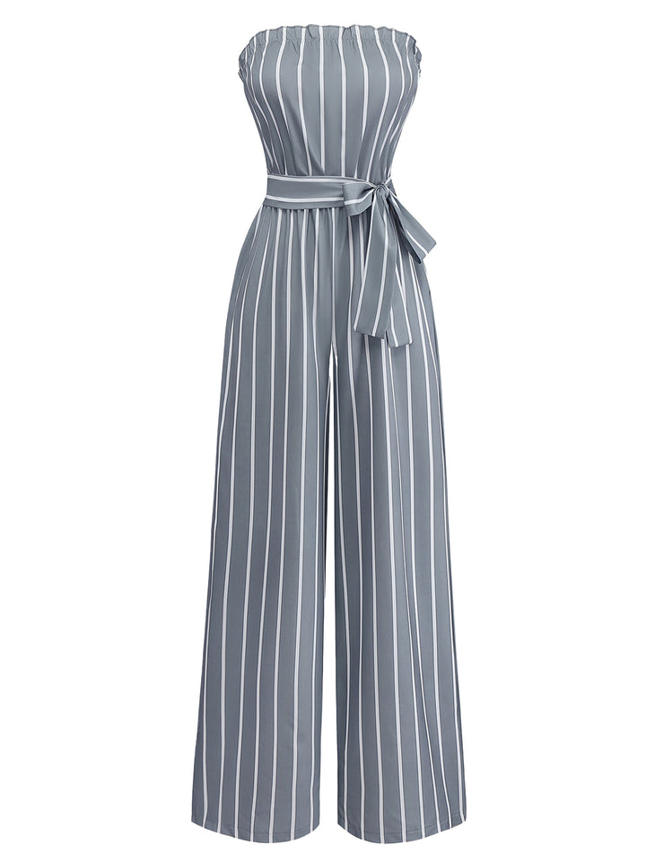 Grey 1930s Strapless Striped Belted Jumpsuit - vintage jumpsuit, retro fashion