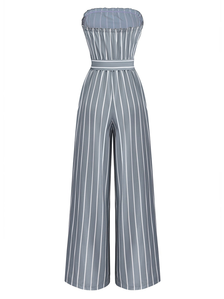 Grey 1930s Strapless Striped Belted Jumpsuit - vintage jumpsuit, retro fashion