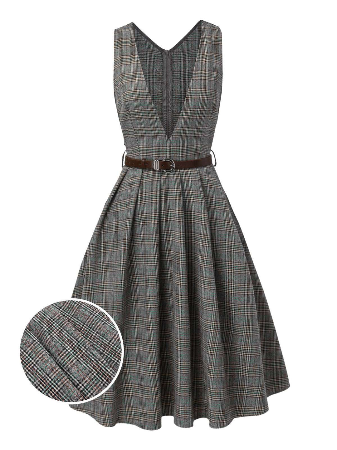 2PCS Grey 1940s V-Neck Plaid Dress &amp; Satin Blouse — a 1940s silhouette that turns sidewalks into runways