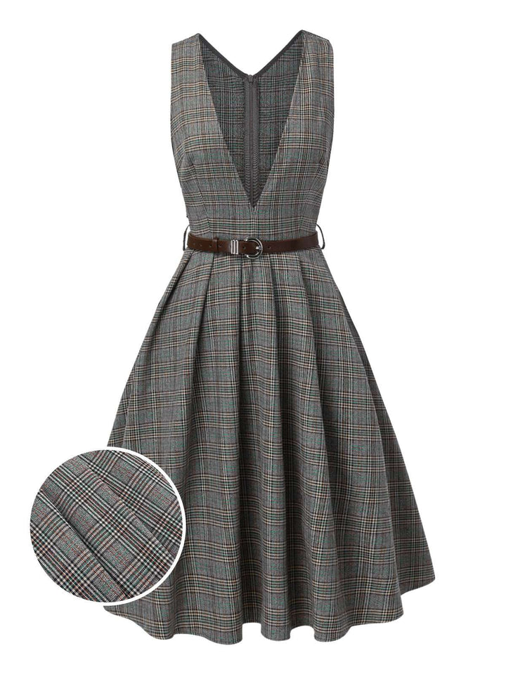 2PCS Grey 1940s V-Neck Plaid Dress &amp; Satin Blouse — a 1940s silhouette that turns sidewalks into runways