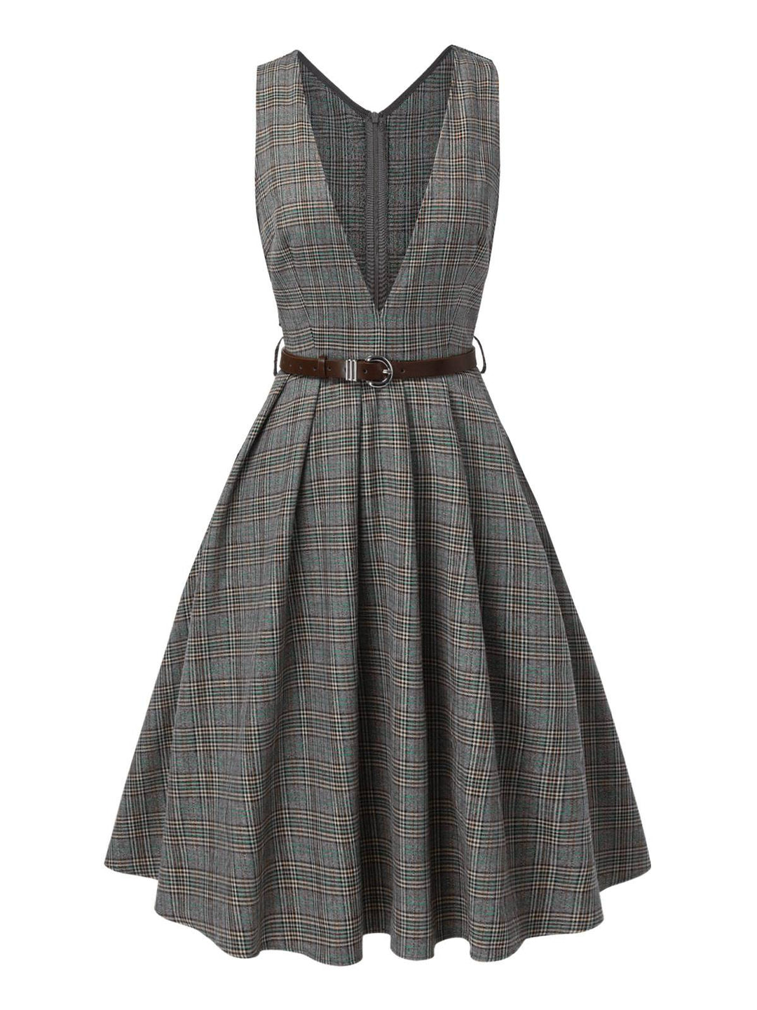 Grey 1940s Deep V-Neck Glen Plaid Dress: where 1940s romance meets her modern spirit