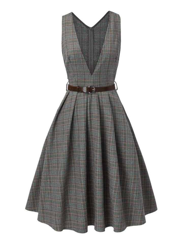 Grey 1940s Deep V-Neck Glen Plaid Dress: where 1940s romance meets her modern spirit