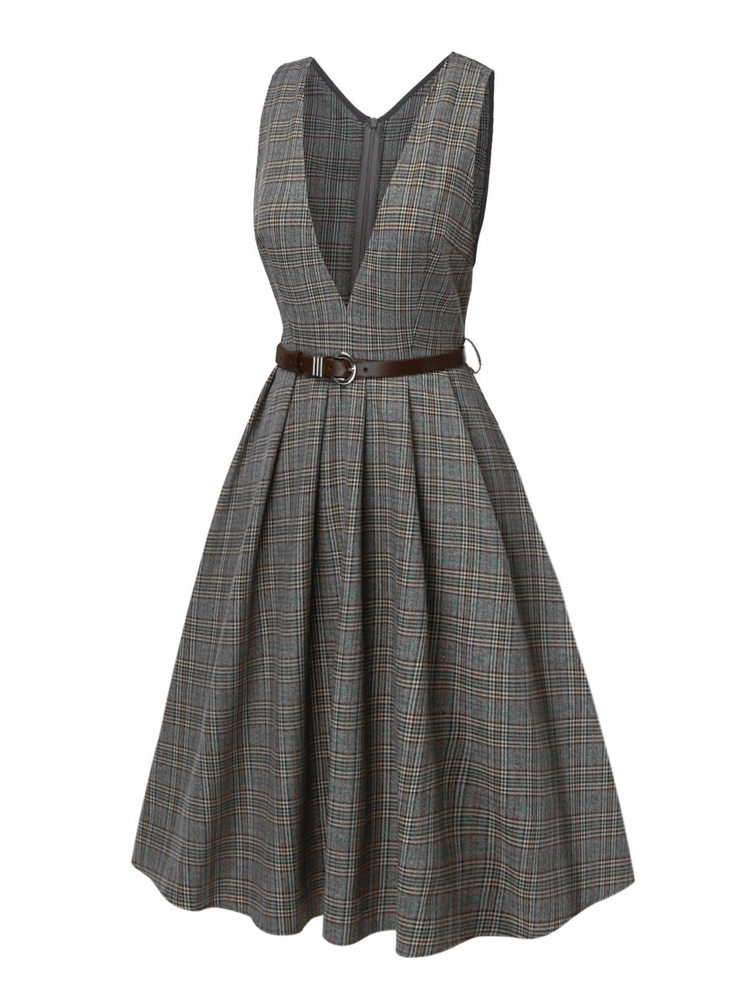 She slips into this 2PCS Grey 1940s V-Neck Plaid Dress &amp; Satin Blouse and suddenly it&