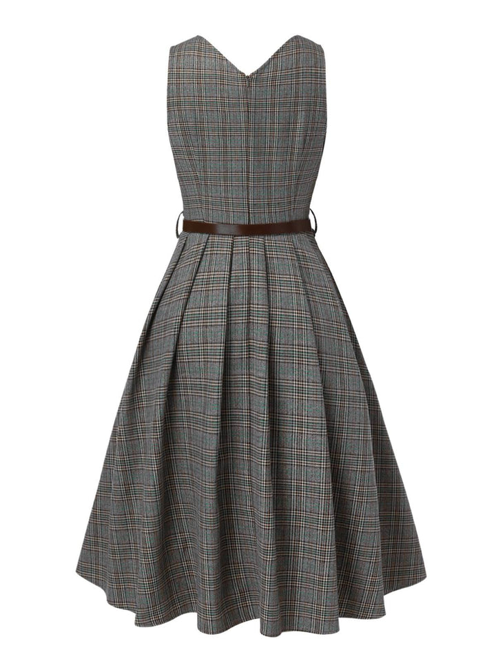 2PCS Grey 1940s V-Neck Plaid Dress &amp; Satin Blouse: where 1940s romance meets her modern spirit