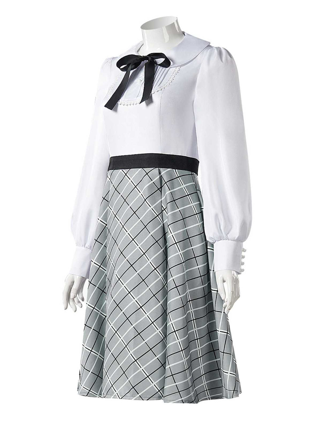 Grey 1940s Peter Pan Collar Bow Plaid Dress - vintage dress, retro fashion