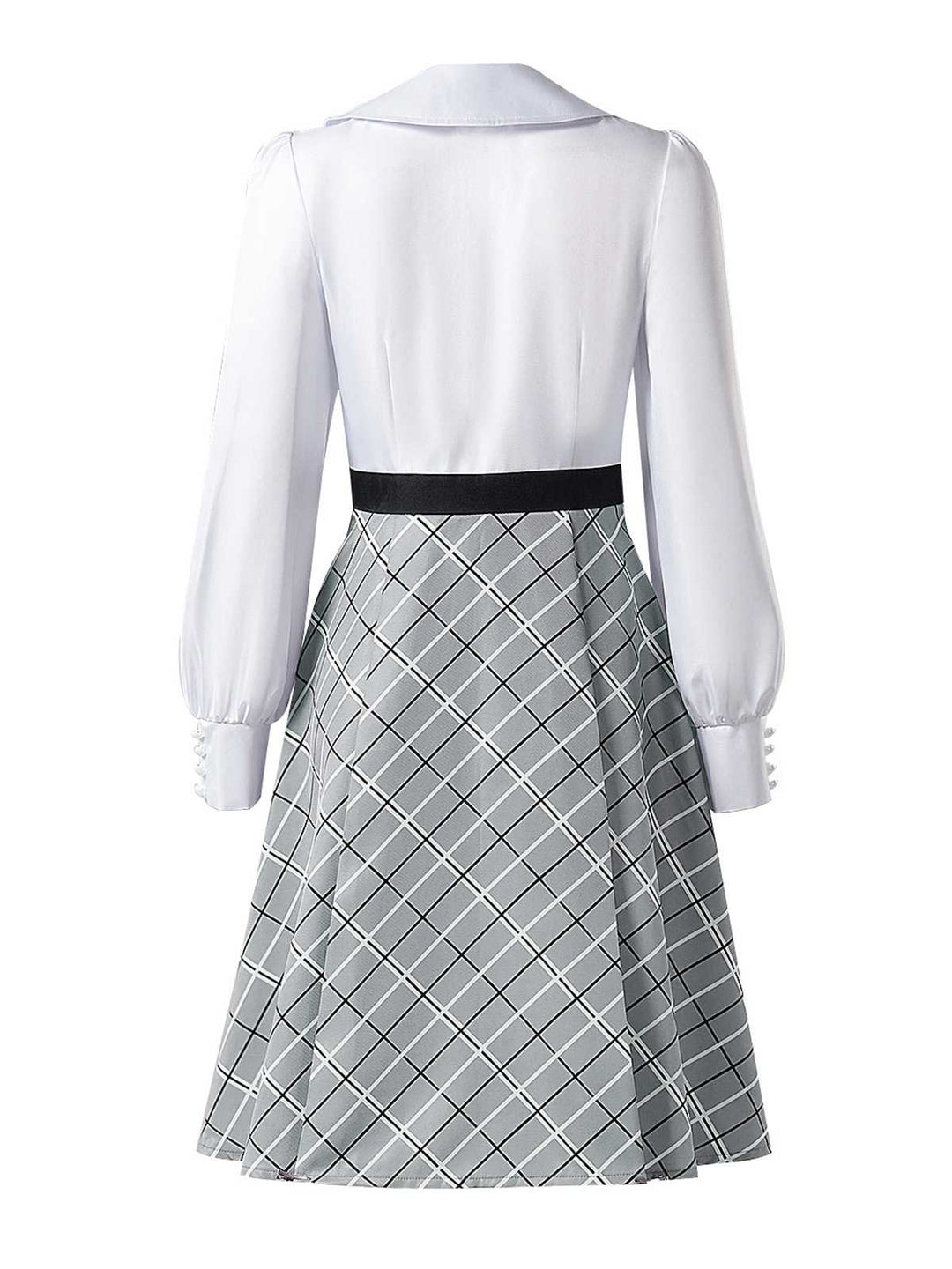 Grey 1940s Peter Pan Collar Bow Plaid Dress - vintage dress, retro fashion