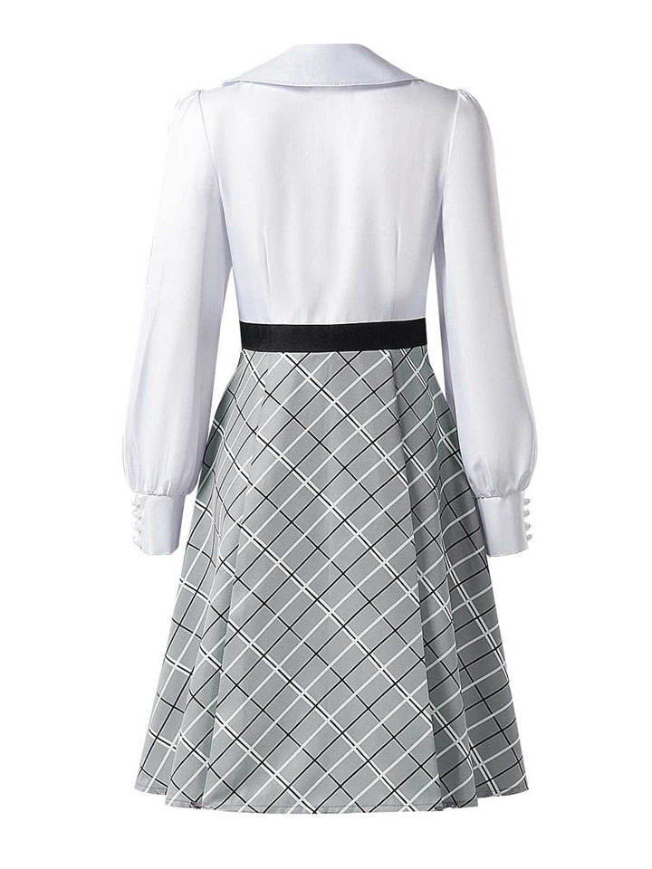 Grey 1940s Peter Pan Collar Bow Plaid Dress - vintage dress, retro fashion