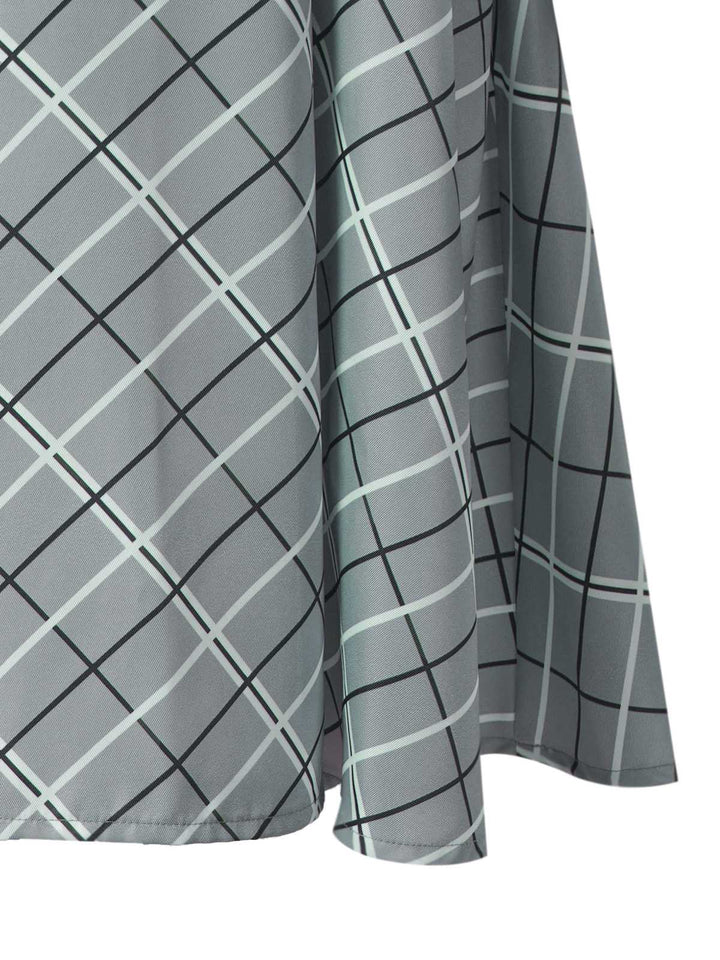 Grey 1940s Peter Pan Collar Bow Plaid Dress - vintage dress, retro fashion