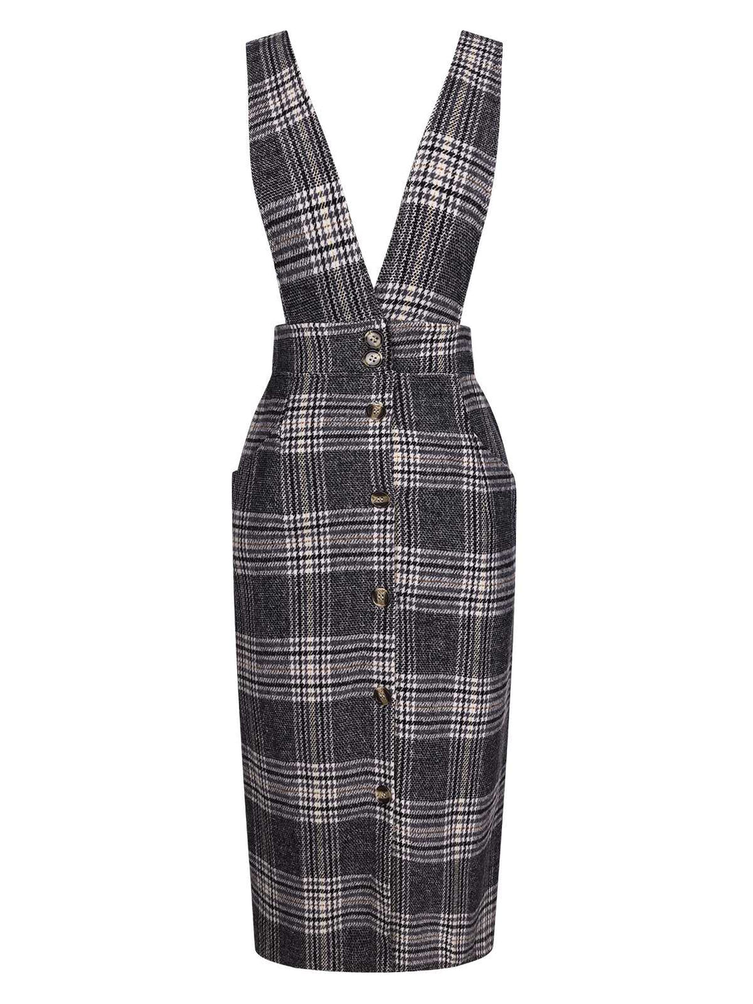 She slips into this Grey 1960s Button Plaid Pinafore Dress and suddenly it&
